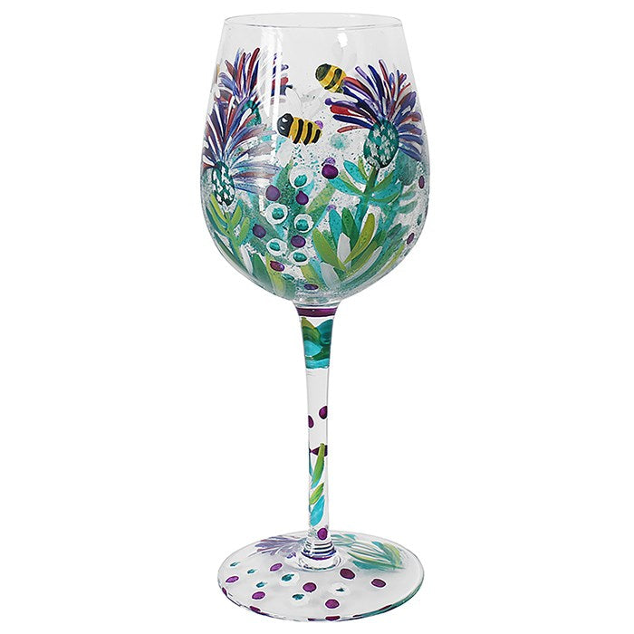 Hand Painted Wine Glass - Thistles & Bees