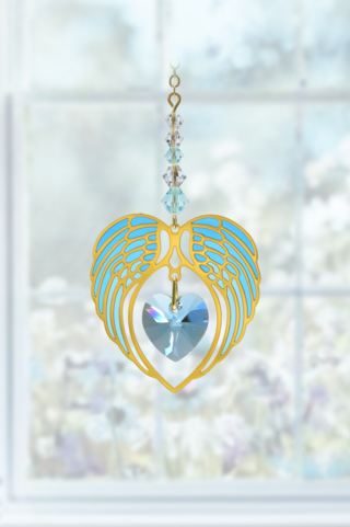 Gold Angel Wing Heart - Aquamarine - March