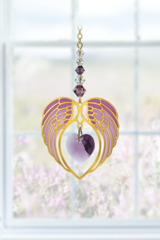 Gold Angel Wing Heart - Amethyst - February
