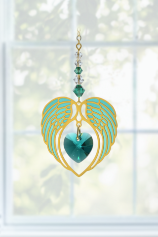 Gold Angel Wing Heart - Blue Zircon - December