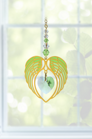 Gold Angel Wing Heart - Peridot - August