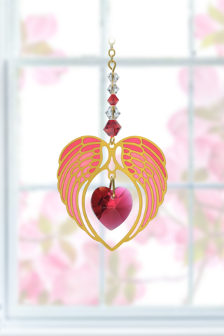 Gold Angel Wing Heart - Ruby - July