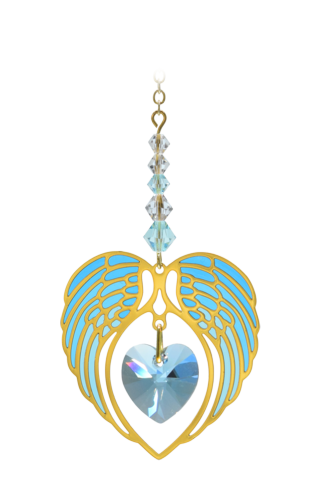 Gold Angel Wing Heart - Aquamarine - March