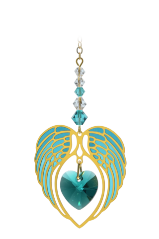 Gold Angel Wing Heart - Blue Zircon - December
