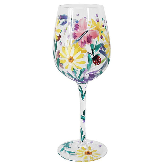 Hand Painted Wine Glass - Cottage Garden