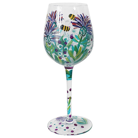 Hand Painted Wine Glass - Thistles & Bees