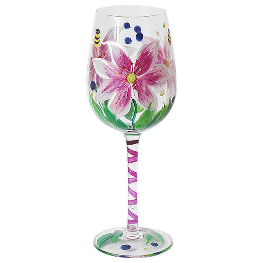 Hand Painted Wine Glass - Lilies & Bees