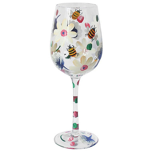 Hand Painted Wine Glass - Busy Bees